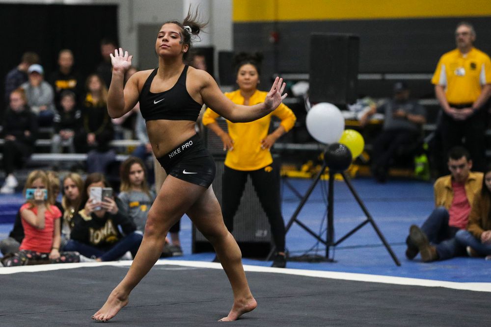Ariana Agrapides performs a floor routine during the Iowa women’s gymnastics Black and Gold Intraquad Meet on Saturday, December 7, 2019 at the UI Field House. (Lily Smith/hawkeyesports.com)