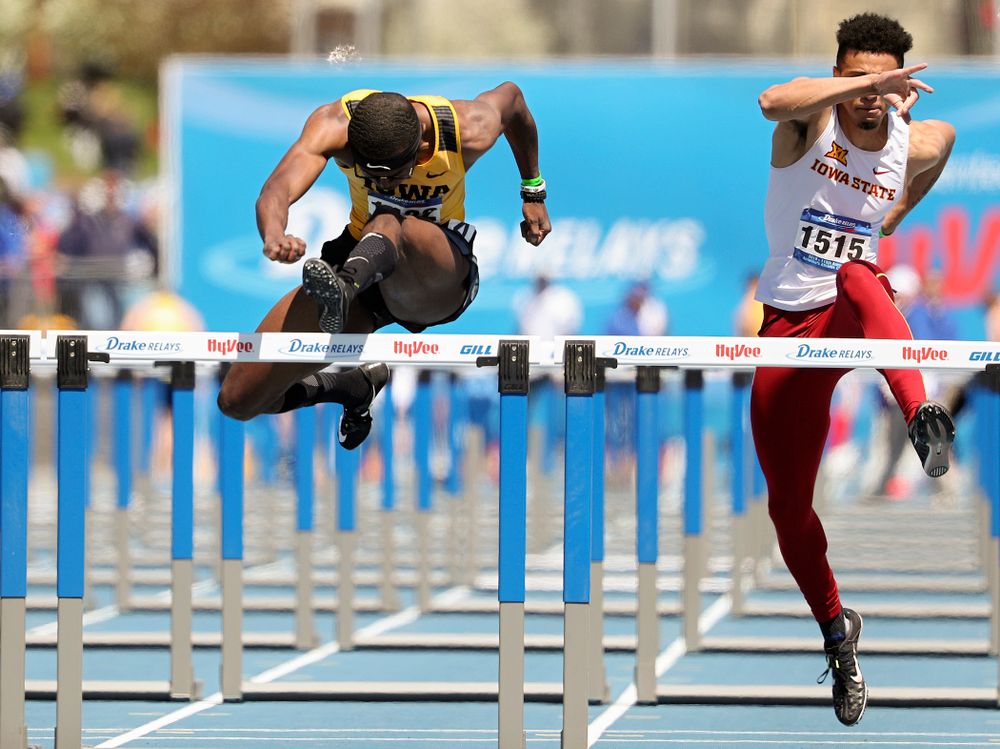 Iowa's Jaylan McConico runs the men's 110 meter hurdles event during the second day of the Drake Relays at Drake Stadium in Des Moines on Friday, Apr. 26, 2019. (Stephen Mally/hawkeyesports.com)