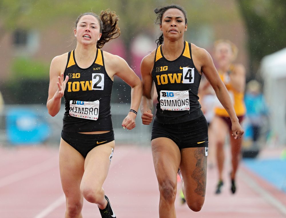 Iowa's Jenny Kimbro (from left) and Tria Simmons run in the women’s 800 meter in the heptathlon event on the second day of the Big Ten Outdoor Track and Field Championships at Francis X. Cretzmeyer Track in Iowa City on Saturday, May. 11, 2019. (Stephen Mally/hawkeyesports.com)