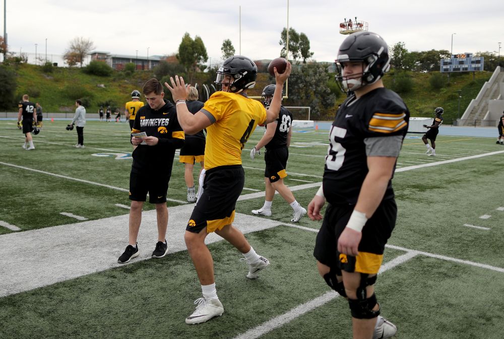 Iowa Hawkeyes quarterback Nate Stanley (4) during practice Sunday, December 22, 2019 at Mesa College in San Diego. (Brian Ray/hawkeyesports.com)