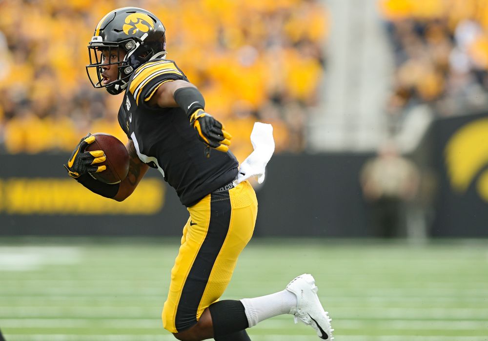 Iowa Hawkeyes wide receiver Tyrone Tracy Jr. (3) runs after pulling in a pass during the first quarter of their game at Kinnick Stadium in Iowa City on Saturday, Sep 28, 2019. (Stephen Mally/hawkeyesports.com)