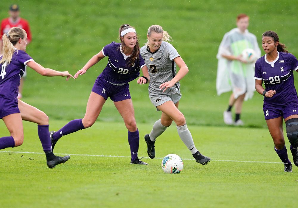 Iowa midfielder Hailey Rydberg (2) tries to gain position on the ball during the first half of their match at the Iowa Soccer Complex in Iowa City on Sunday, Sep 29, 2019. (Stephen Mally/hawkeyesports.com)