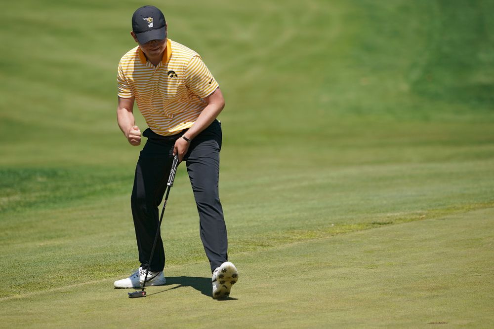 Iowa's Matthew Walker pumps his fist after making a putt during the third round of the Hawkeye Invitational at Finkbine Golf Course in Iowa City on Sunday, Apr. 21, 2019. (Stephen Mally/hawkeyesports.com)