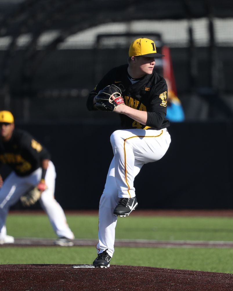 Iowa Hawkeyes Trace Hoffman (42) against the Bradley Braves Tuesday, March 26, 2019 at Duane Banks Field. (Brian Ray/hawkeyesports.com)