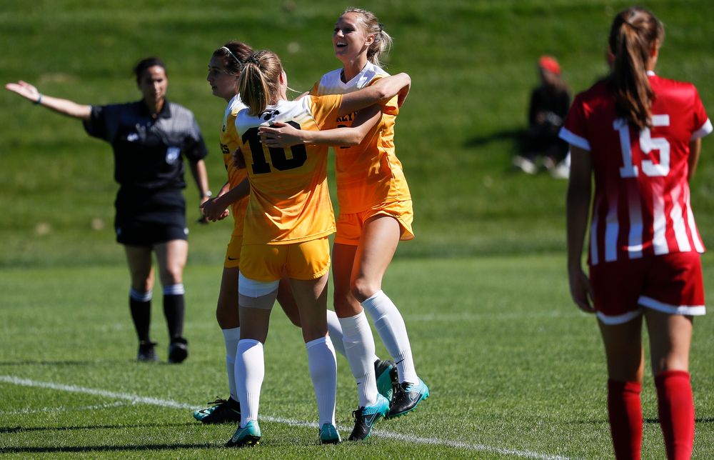Iowa Hawkeyes midfielder Hailey Rydberg (2) celebrates after scoring a goal during a game against Indiana at the Iowa Soccer Complex on September 23, 2018. (Tork Mason/hawkeyesports.com)