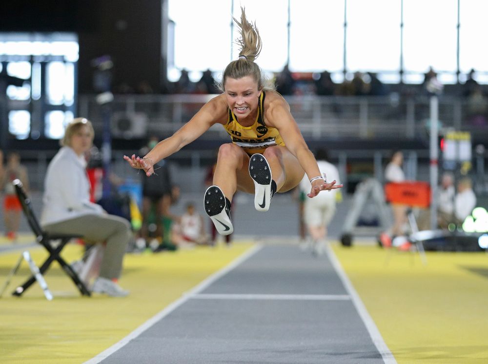 Iowa’s Hannah Schilb competes in the women’s triple jump event during the Larry Wieczorek Invitational at the Recreation Building in Iowa City on Saturday, January 18, 2020. (Stephen Mally/hawkeyesports.com)