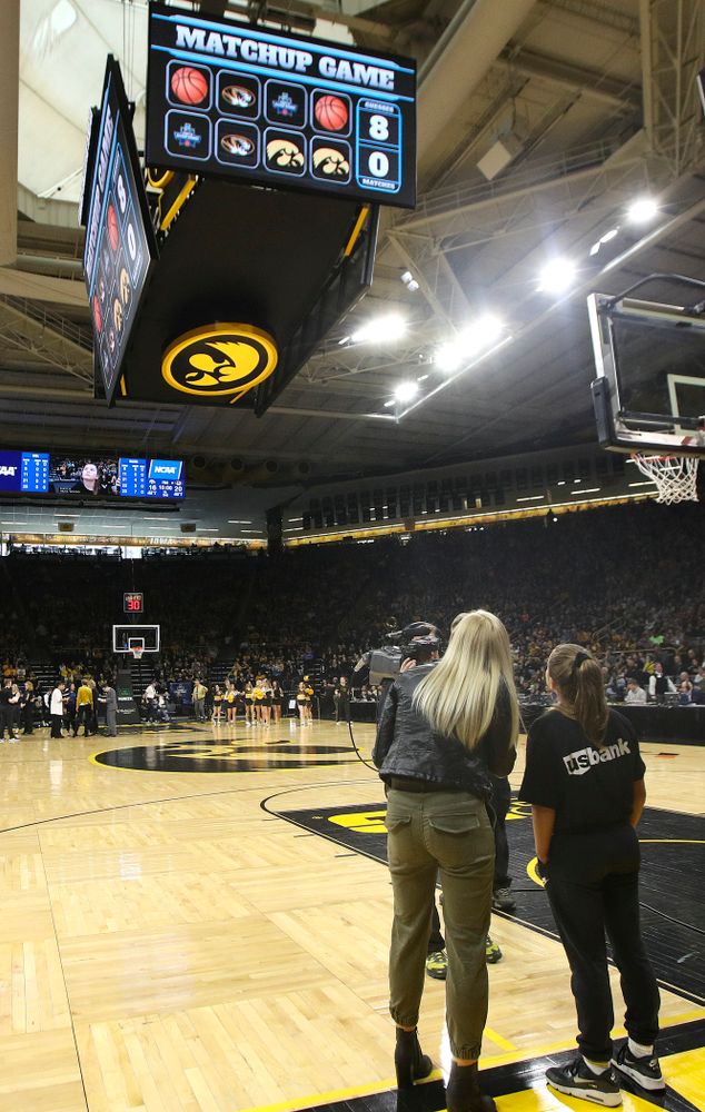 The matchup game on the video board between the first and second quarter of their second round game in the 2019 NCAA Women's Basketball Tournament at Carver Hawkeye Arena in Iowa City on Sunday, Mar. 24, 2019. (Stephen Mally for hawkeyesports.com)