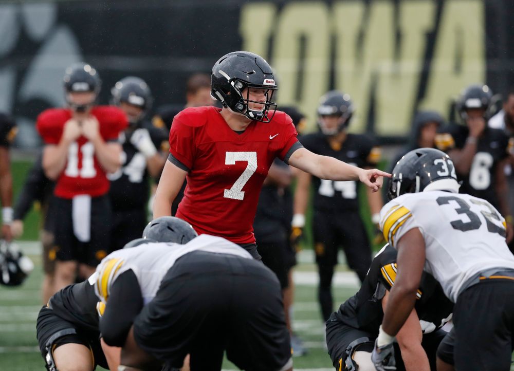 Iowa Hawkeyes quarterback Spencer Petras (7) during camp practice No. 15  Monday, August 20, 2018 at the Hansen Football Performance Center. (Brian Ray/hawkeyesports.com)