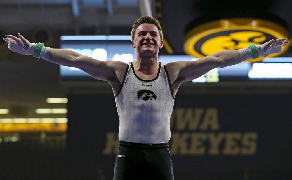 Iowa's Jake Brodarzon competes in the rings during the second day of the Big Ten Men's Gymnastics Championships at Carver-Hawkeye Arena in Iowa City on Saturday, Apr. 6, 2019. (Stephen Mally/hawkeyesports.com)