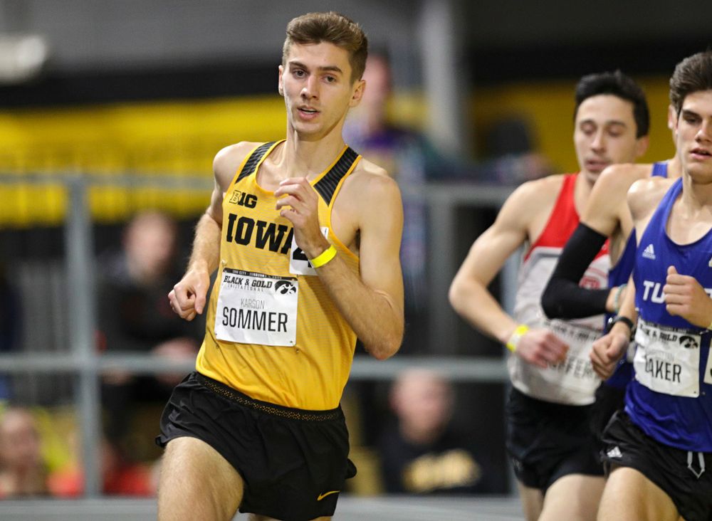 Iowa’s Karson Sommer runs the men’s 3000 meter run event at the Black and Gold Invite at the Recreation Building in Iowa City on Saturday, February 1, 2020. (Stephen Mally/hawkeyesports.com)