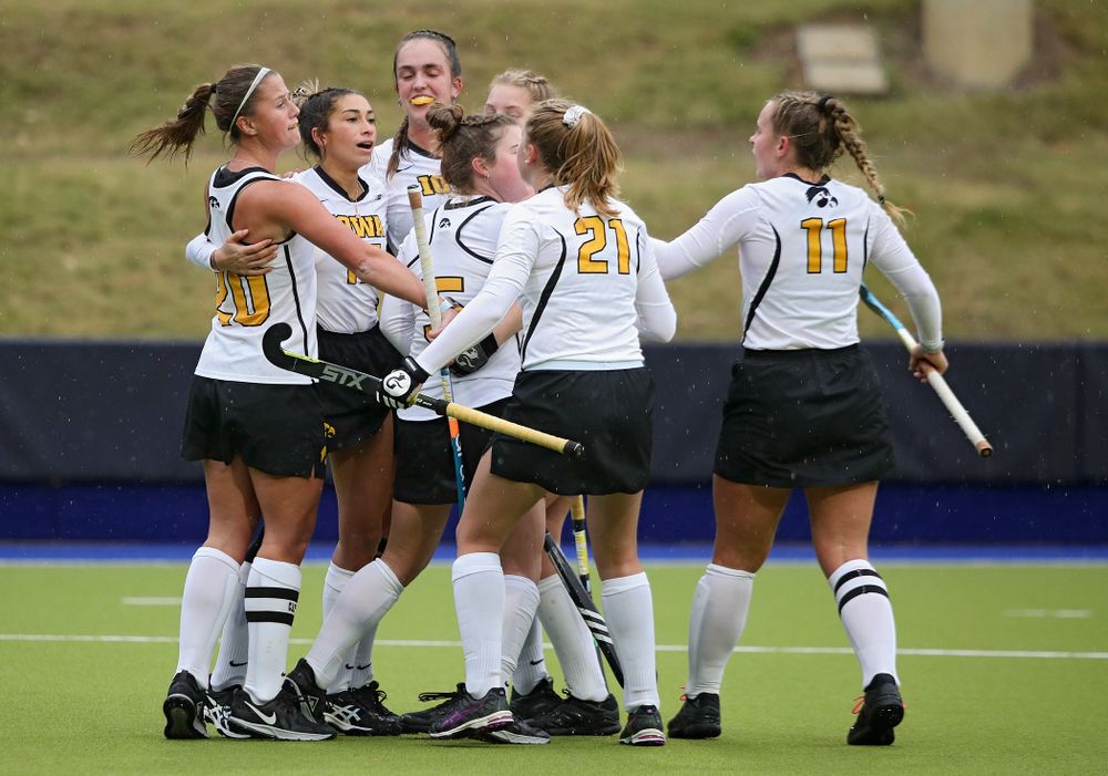Iowa’s Ciara Smith (17) celebrates her goal with teammates during the second quarter of their NCAA Tournament First Round match against Duke at Karen Shelton Stadium in Chapel Hill, N.C. on Friday, Nov 15, 2019. (Stephen Mally/hawkeyesports.com)