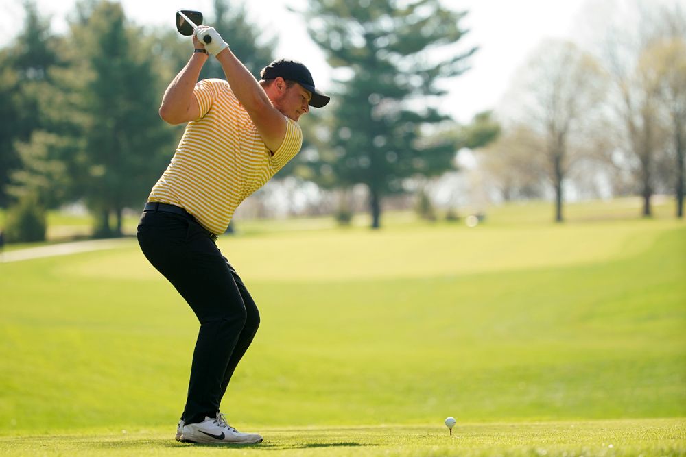 Iowa's Alex Schaake tees off during the third round of the Hawkeye Invitational at Finkbine Golf Course in Iowa City on Sunday, Apr. 21, 2019. (Stephen Mally/hawkeyesports.com)