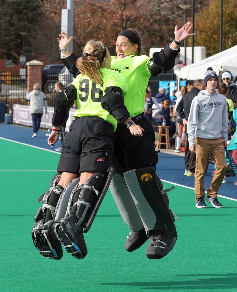 Iowa Hawkeyes goaltender Leslie Speight (96) and goaltender Grace McGuire (62) against Penn State in the 2019 Big Ten Field Hockey Tournament Championship Game Sunday, November 10, 2019 in State College. (Brian Ray/hawkeyesports.com)