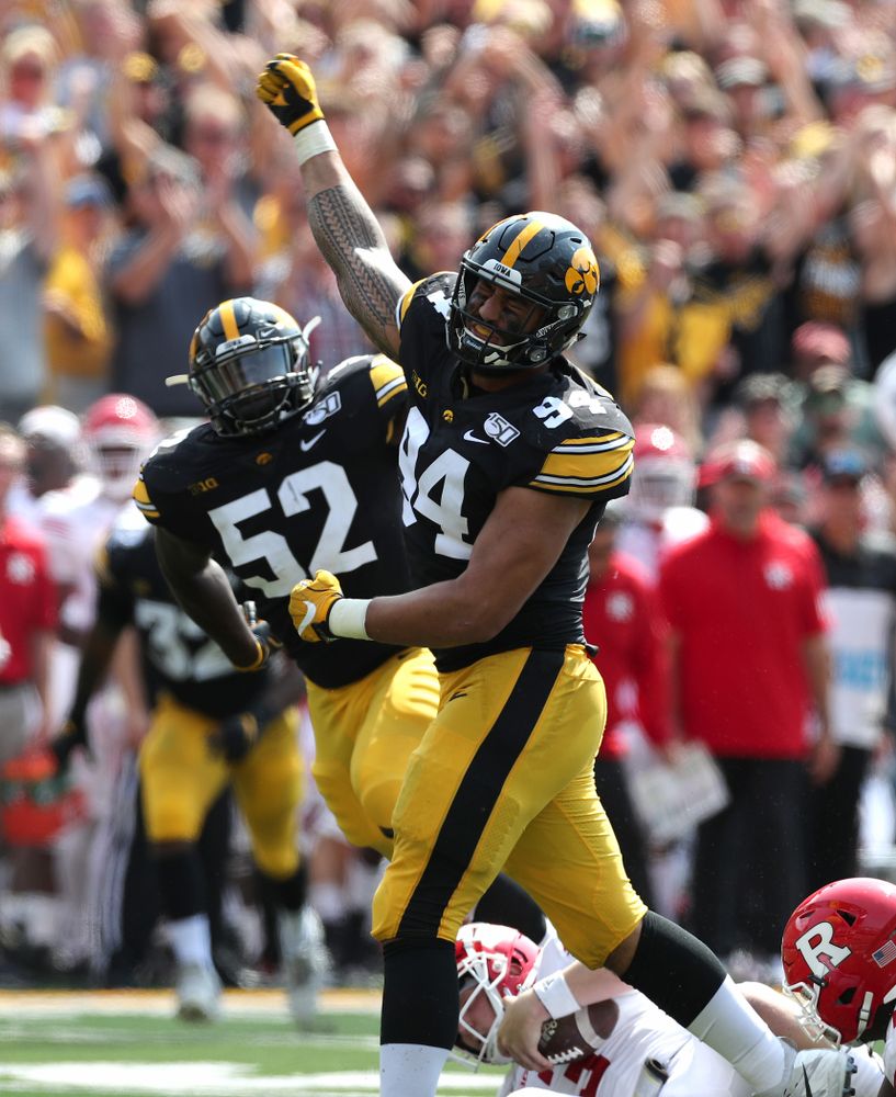 Iowa Hawkeyes defensive end A.J. Epenesa (94) celebrates a sack against the Rutgers Scarlet Knights Saturday, September 7, 2019 at Kinnick Stadium. (Brian Ray/hawkeyesports.com)