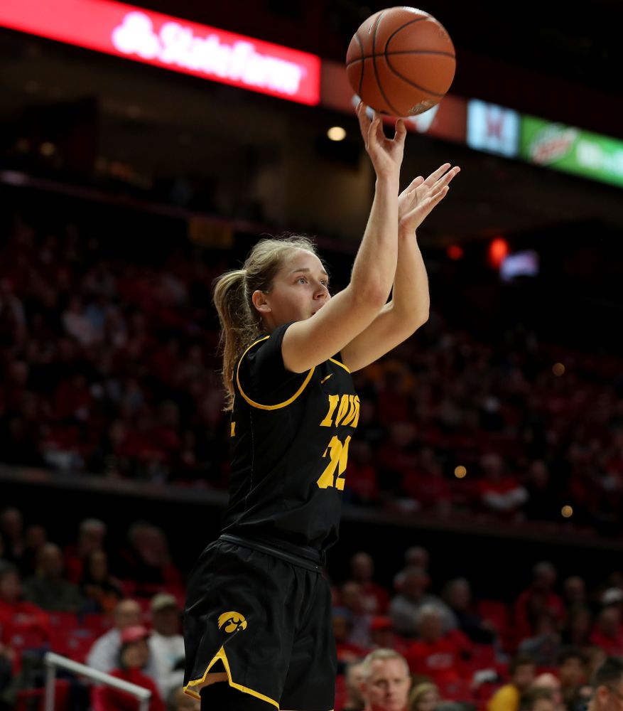 Iowa Hawkeyes guard Kathleen Doyle (22) against the Maryland Terrapins Thursday, February 13, 2020 at the Xfinity Center in College Park, MD. (Brian Ray/hawkeyesports.com)