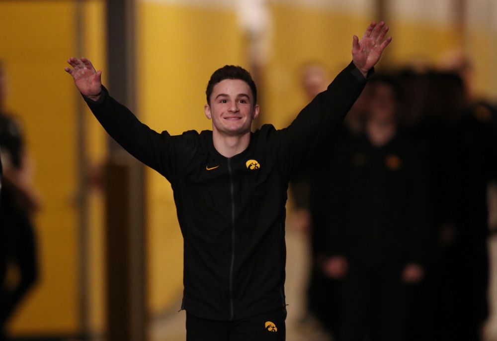 Iowa's Jake Brodarzon is introduced before their meet against Oklahoma Saturday, February 9, 2019 at Carver-Hawkeye Arena. (Brian Ray/hawkeyesports.com)