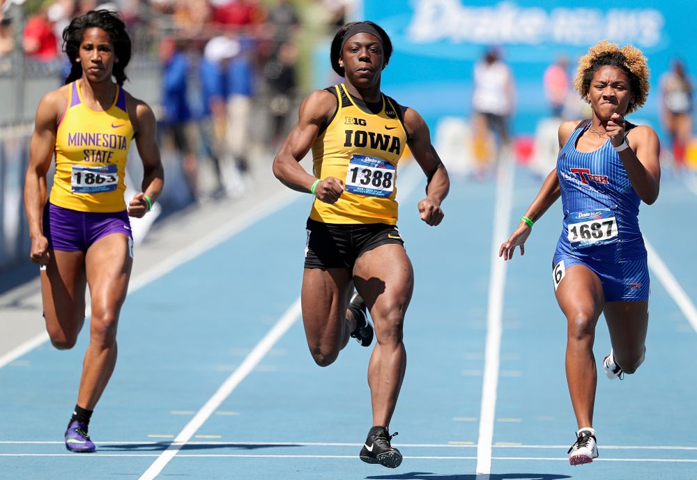 Iowa's Antonise Christian runs the women's 100 meter dash event during the second day of the Drake Relays at Drake Stadium in Des Moines on Friday, Apr. 26, 2019. (Stephen Mally/hawkeyesports.com)
