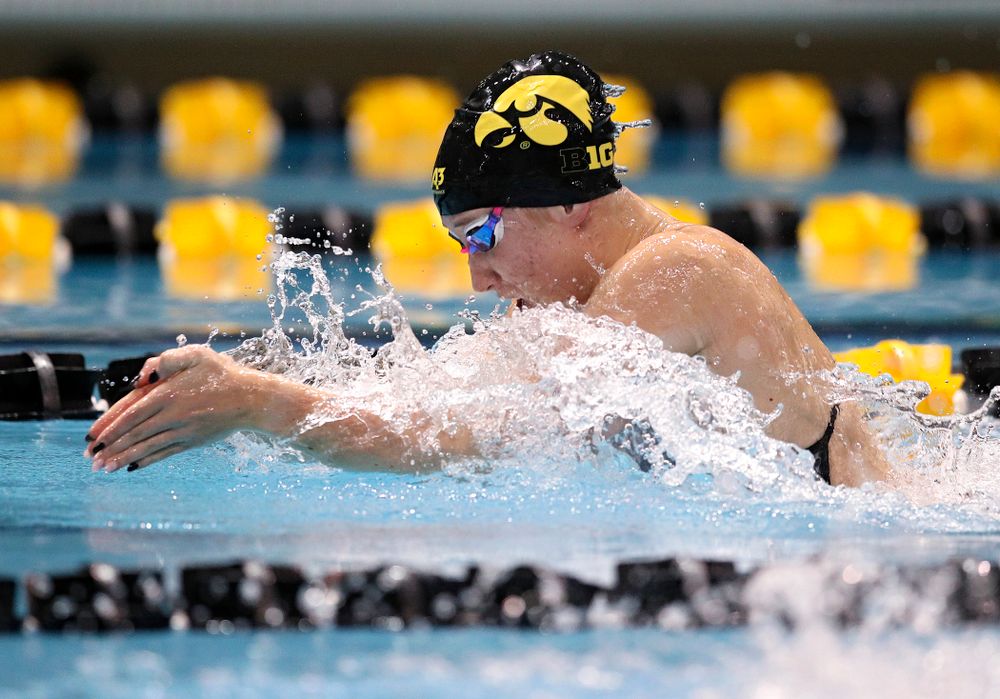 Iowa’s Zoe Mekus swims the women’s 50 yard breaststroke event during their meet at the Campus Recreation and Wellness Center in Iowa City on Friday, February 7, 2020. (Stephen Mally/hawkeyesports.com)