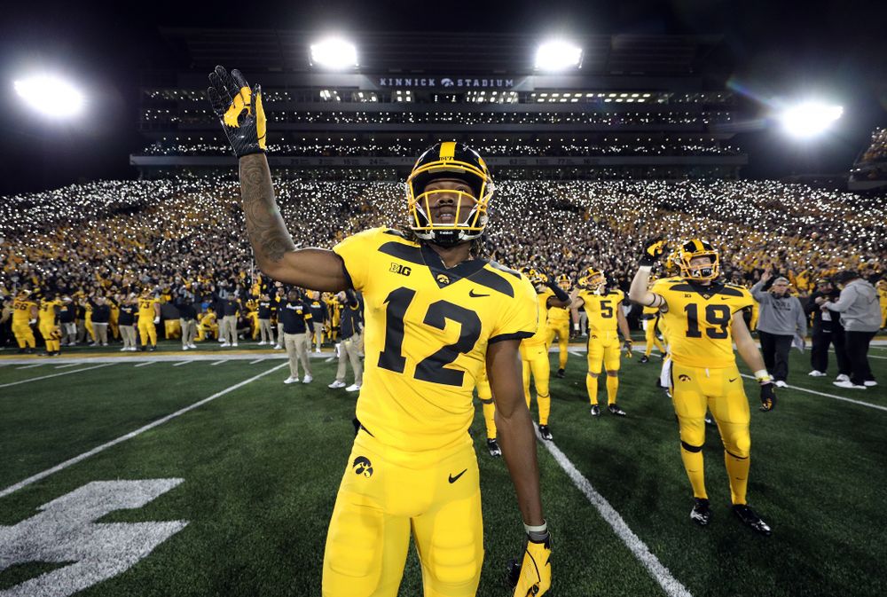 Iowa Hawkeyes wide receiver Brandon Smith (12) waves to the Stead Family ChildrenÕs Hospital against the Penn State Nittany Lions Saturday, October 12, 2019 at Kinnick Stadium. (Brian Ray/hawkeyesports.com)
