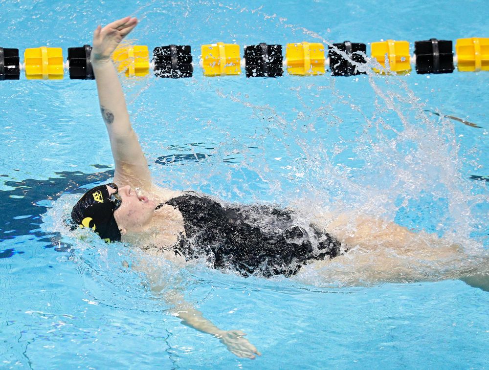 Iowa’s Erin Lang swims the women’s 200-yard backstroke event during their meet against Michigan State and Northern Iowa at the Campus Recreation and Wellness Center in Iowa City on Friday, Oct 4, 2019. (Stephen Mally/hawkeyesports.com)