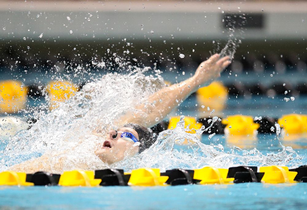 Iowa’s Anze Fers Erzen swims the backstroke section in the men’s 400 yard medley relay event during their meet at the Campus Recreation and Wellness Center in Iowa City on Friday, February 7, 2020. (Stephen Mally/hawkeyesports.com)