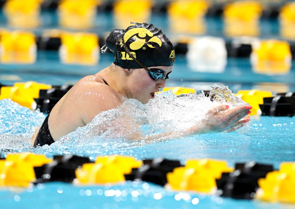 Iowa’s Christina Crane swims a 100 yard breaststroke time trial during the 2020 Big Ten Women’s Swimming and Diving Championships at the Campus Recreation and Wellness Center in Iowa City on Wednesday, February 19, 2020. (Stephen Mally/hawkeyesports.com)