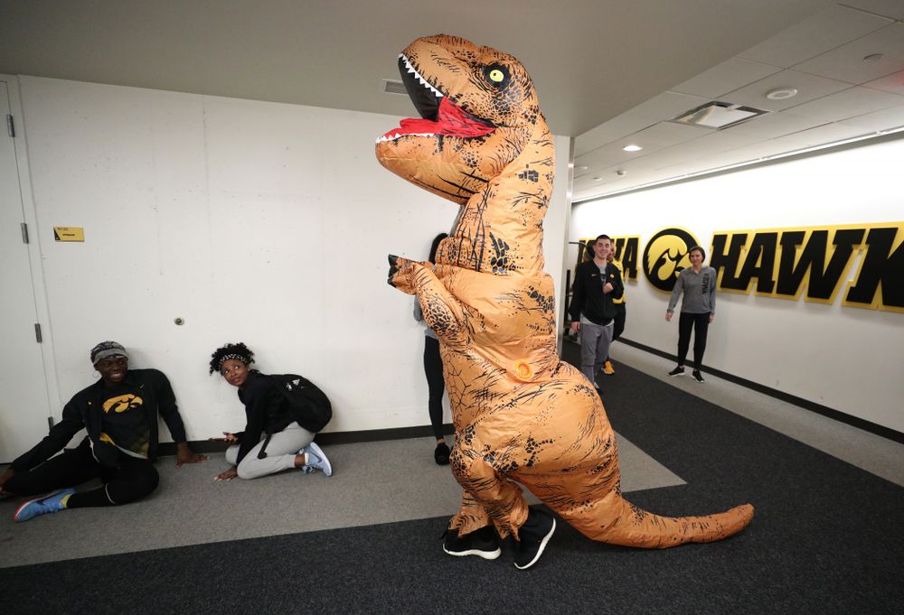 Iowa Hawkeyes head coach Lisa Bluder  surprises her team during a workout dressed as a T-Rex for Halloween  Wednesday, October 31, 2018 at Carver-Hawkeye Arena. (Brian Ray/hawkeyesports.com)