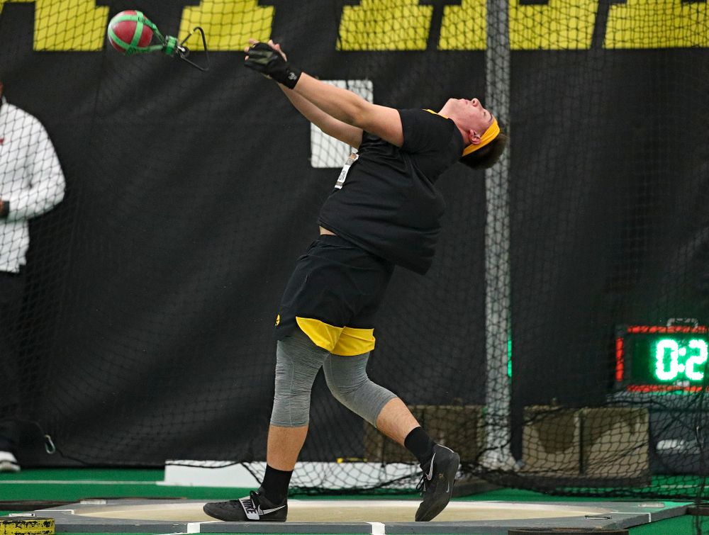 Iowa’s Jordan Johnson throws in the men’s weight throw event during the Larry Wieczorek Invitational at the Hawkeye Tennis and Recreation Complex in Iowa City on Friday, January 17, 2020. (Stephen Mally/hawkeyesports.com)