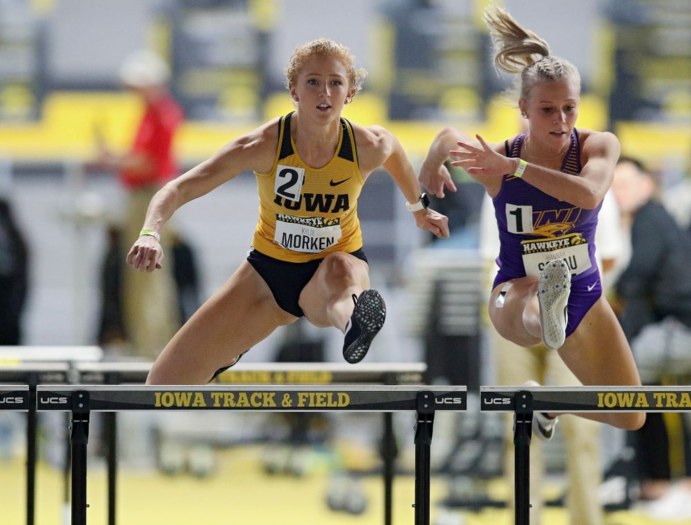 Iowa’s Kylie Morken runs the women’s 60 meter hurdles event during the Hawkeye Invitational at the Recreation Building in Iowa City on Saturday, January 11, 2020. (Stephen Mally/hawkeyesports.com)