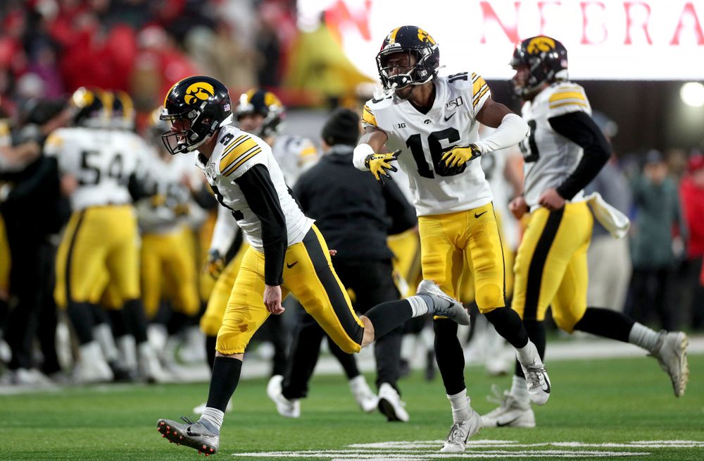 Iowa Hawkeyes place kicker Keith Duncan (3) celebrates after kicking the game winning field goal against the Nebraska Cornhuskers Friday, November 29, 2019 at Memorial Stadium in Lincoln, Neb. (Brian Ray/hawkeyesports.com)