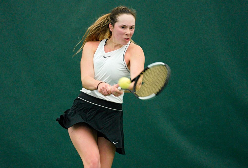 Iowa’s Samantha Mannix during her singles match at the Hawkeye Tennis and Recreation Complex in Iowa City on Sunday, February 16, 2020. (Stephen Mally/hawkeyesports.com)
