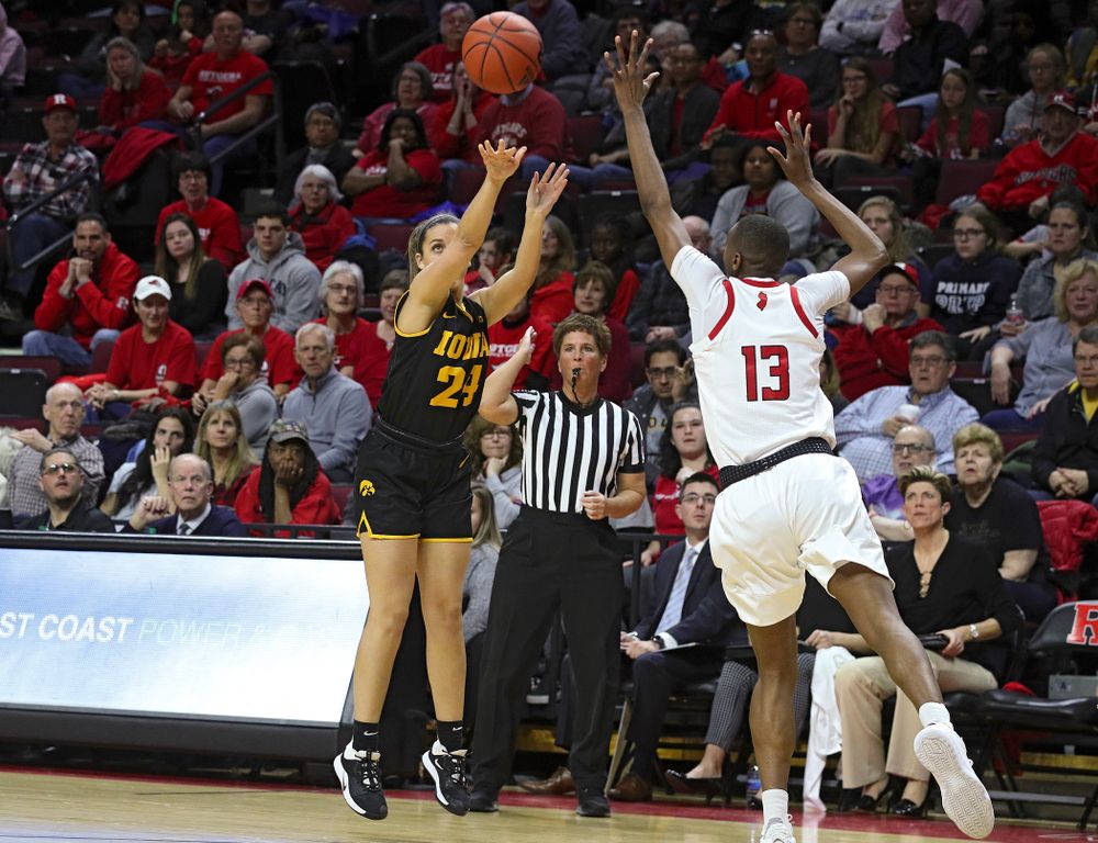 Iowa guard Gabbie Marshall (24) makes a 3-pointer during the third quarter of their game at the Rutgers Athletic Center in Piscataway, N.J. on Sunday, March 1, 2020. (Stephen Mally/hawkeyesports.com)