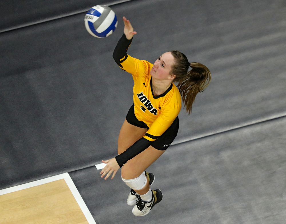 Iowa’s Joslyn Boyer (1) serves the ball during the fourth set of their match at Carver-Hawkeye Arena in Iowa City on Friday, Nov 29, 2019. (Stephen Mally/hawkeyesports.com)