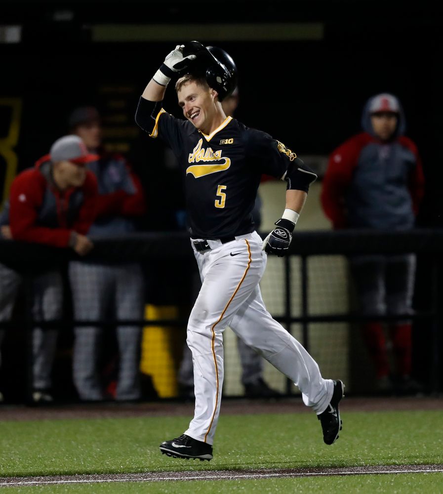 Iowa Hawkeyes catcher Tyler Cropley (5) hits a walk off grand slam against the Bradley Braves Wednesday, March 28, 2018 at Duane Banks Field. (Brian Ray/hawkeyesports.com)