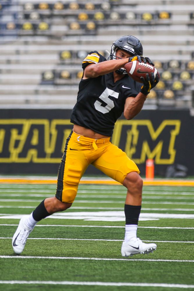 Iowa Hawkeyes wide receiver Oliver Martin (5) during Kids Day at Kinnick Stadium on Saturday, August 10, 2019. (Lily Smith/hawkeyesports.com)