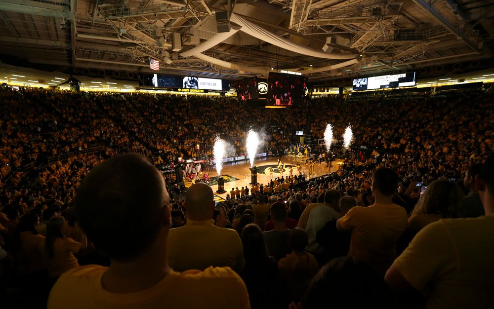Starting lineups are introduced before a game against Wisconsin on November 30, 2018, at Carver-Hawkeye Arena. (Tork Mason/hawkeyesports.com)