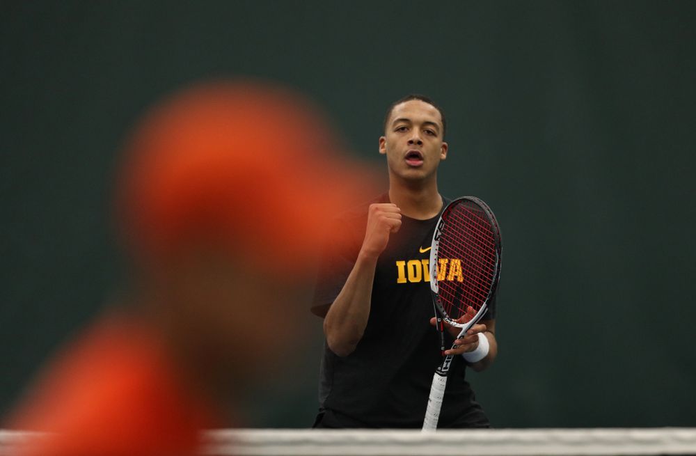Oliver Okonkwo  against the Miami Hurricanes Friday, February 8, 2019 at the Hawkeye Tennis and Recreation Complex. (Brian Ray/hawkeyesports.com)