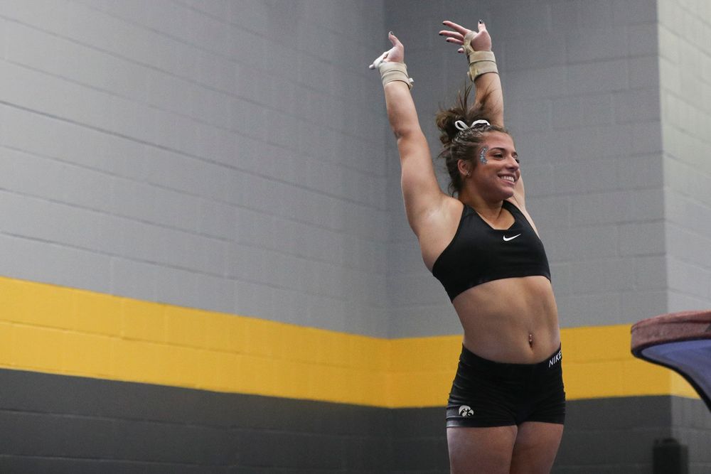 Ariana Agrapides dismounts from the vault during the Iowa women’s gymnastics Black and Gold Intraquad Meet on Saturday, December 7, 2019 at the UI Field House. (Lily Smith/hawkeyesports.com)