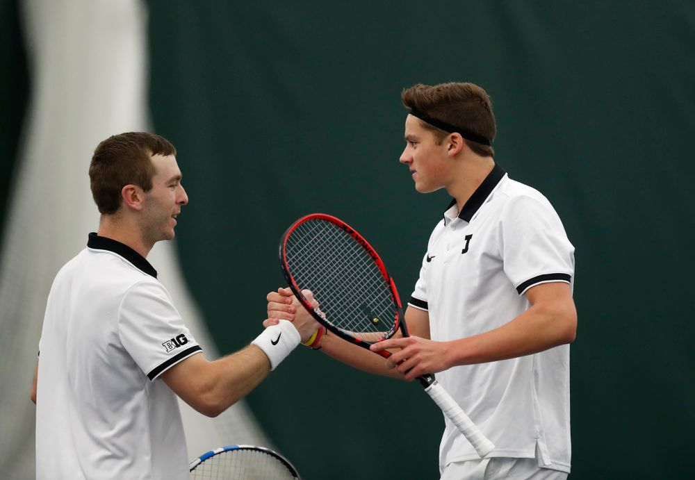 Jake Jacoby and Joe Tyler play a doubles match against Purdue Sunday, April 15, 2018 at the Hawkeye Tennis and Recreation Center. (Brian Ray/hawkeyesports.com)