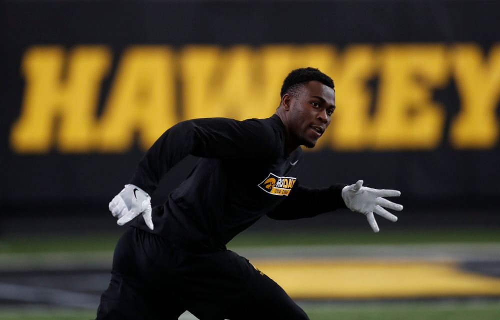 Iowa Hawkeyes defensive back Joshua Jackson (15) during the team's annual pro day Monday, March 26, 2018 at the Hansen Football Performance Center. (Brian Ray/hawkeyesports.com)