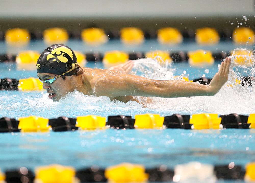 Iowa’s Preston Plannells swims the butterfly section in the men’s 400 yard medley relay event during their meet at the Campus Recreation and Wellness Center in Iowa City on Friday, February 7, 2020. (Stephen Mally/hawkeyesports.com)