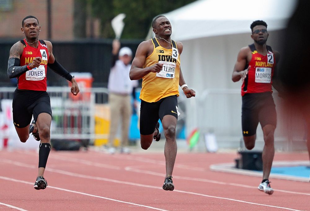 Iowa's Karayme Bartley runs the men’s 400 meter event on the third day of the Big Ten Outdoor Track and Field Championships at Francis X. Cretzmeyer Track in Iowa City on Sunday, May. 12, 2019. (Stephen Mally/hawkeyesports.com)