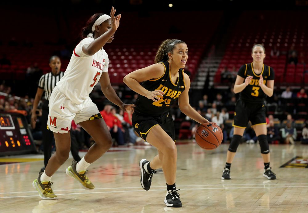 Iowa Hawkeyes guard Gabbie Marshall (24) against the Maryland Terrapins Thursday, February 13, 2020 at the Xfinity Center in College Park, MD. (Brian Ray/hawkeyesports.com)