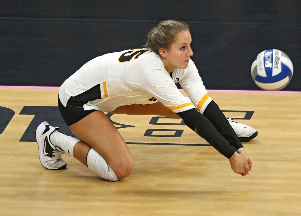 Iowa’s Maddie Slagle (15) gets a dig during the third set of their volleyball match at Carver-Hawkeye Arena in Iowa City on Sunday, Oct 13, 2019. (Stephen Mally/hawkeyesports.com)