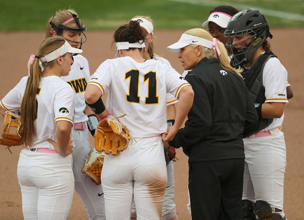 Iowa head coach Renee Gillispie talks with her infield during the second inning of their game against Iowa State at Pearl Field in Iowa City on Tuesday, Apr. 9, 2019. (Stephen Mally/hawkeyesports.com)