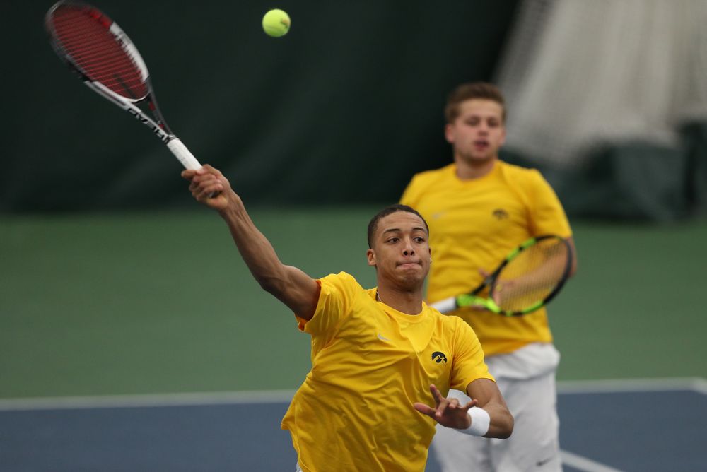 Oliver Okonkwo and Will Davies against Utah Sunday, February 10, 2019 at the Hawkeye Tennis and Recreation Complex. (Brian Ray/hawkeyesports.com)