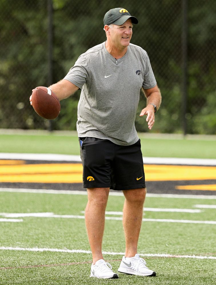 Iowa Hawkeyes defensive coordinator Phil Parker runs a drill during Fall Camp Practice No. 11 at the Hansen Football Performance Center in Iowa City on Wednesday, Aug 14, 2019. (Stephen Mally/hawkeyesports.com)