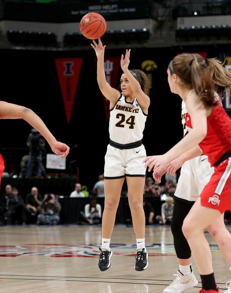 Iowa Hawkeyes guard Gabbie Marshall (24) against Ohio State in the quarterfinals of the Big Ten Basketball Tournament Friday, March 6, 2020 at Bankers Life Fieldhouse in Indianapolis. (Brian Ray/hawkeyesports.com)