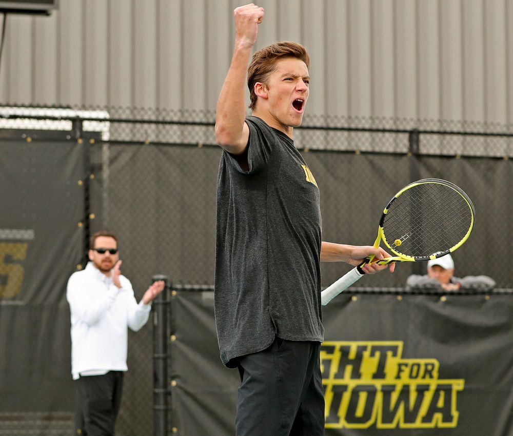 Iowa's Joe Tyler celebrates during a double match against Ohio State at the Hawkeye Tennis and Recreation Complex in Iowa City on Sunday, Apr. 7, 2019. (Stephen Mally/hawkeyesports.com)