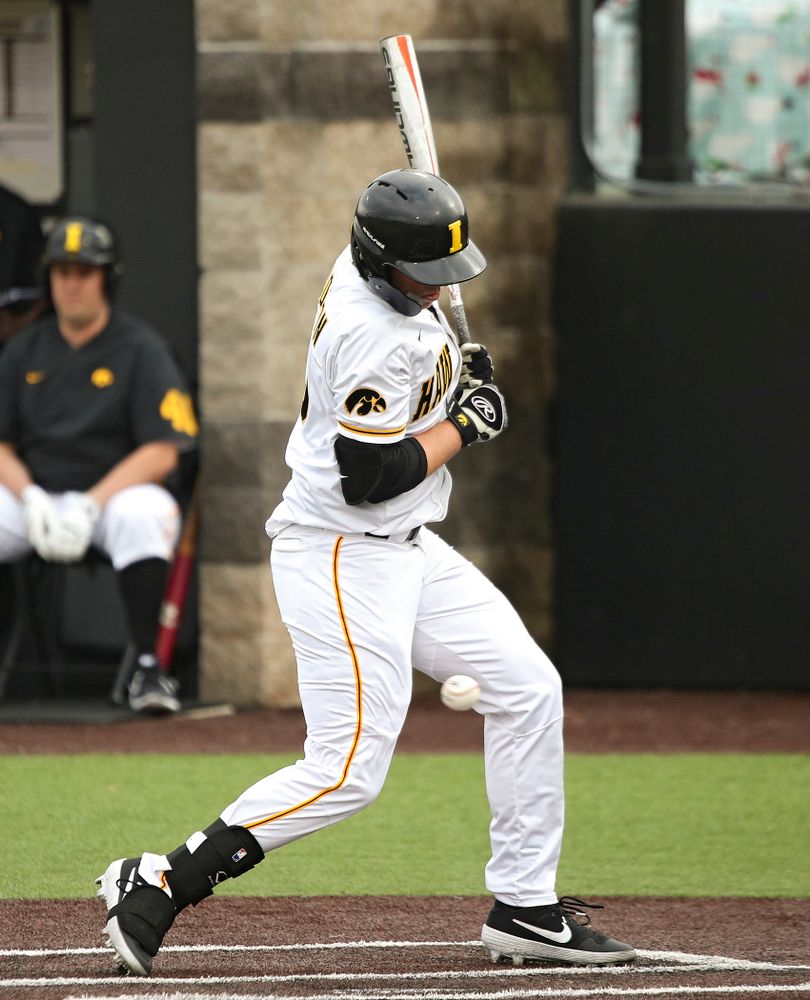 Iowa outfielder Zeb Adreon (5) is hit by a pitch during the fourth inning of their college baseball game at Duane Banks Field in Iowa City on Wednesday, March 11, 2020. (Stephen Mally/hawkeyesports.com)